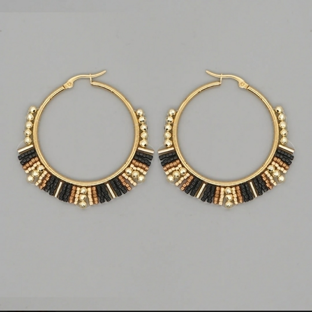 Beaded Hoop Earrings Black & Gold Miyuki Rice Beads - Picture 10 of 11